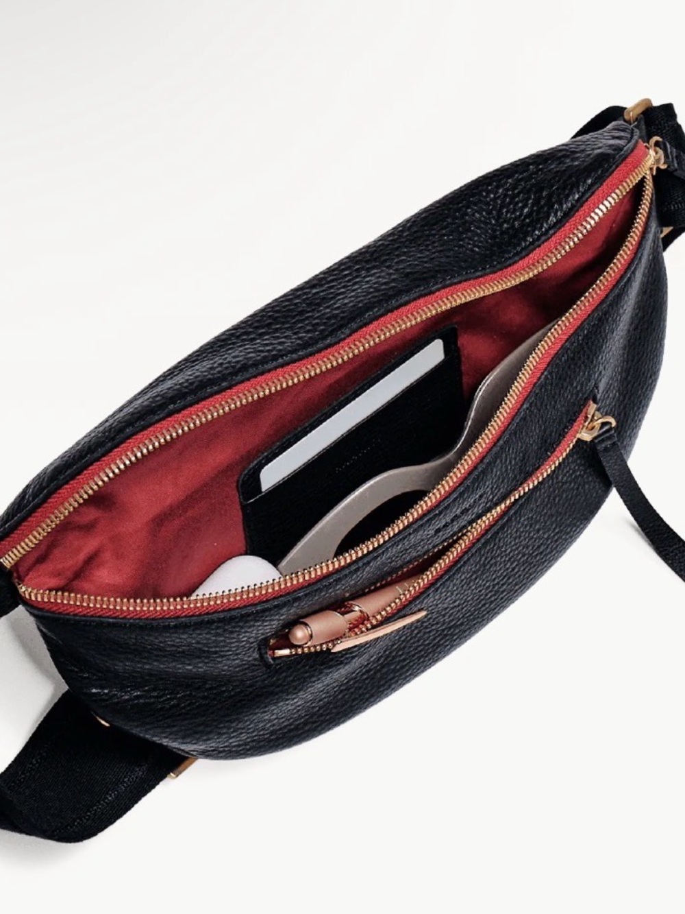 Hammitt Charles Lrg Black/Brushed Gold Leather Crossbody Belt Bag with Red-Trim - Picture 4 of 12